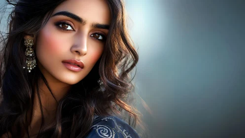 Portrait of woman with earrings in soft studio lighting.