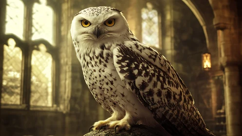 Majestic Snowy Owl in Enchanted Castle Interior, Fantasy Art Style.