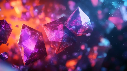 Vibrant floating purple crystals in glowing abstract space.
