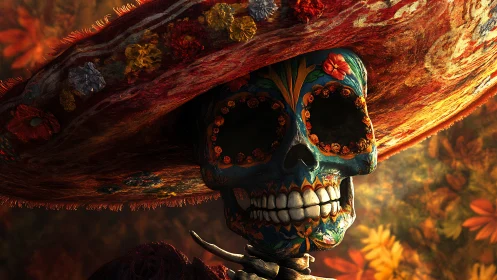 Decorated sugar skull figure in large embroidered hat.