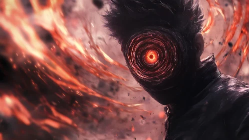 Vortex-eyed figure emerging within swirling molten firestorm.