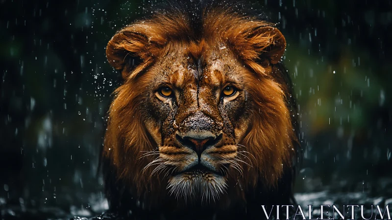 Male lion portrait in rainfall with dark forest backdrop.