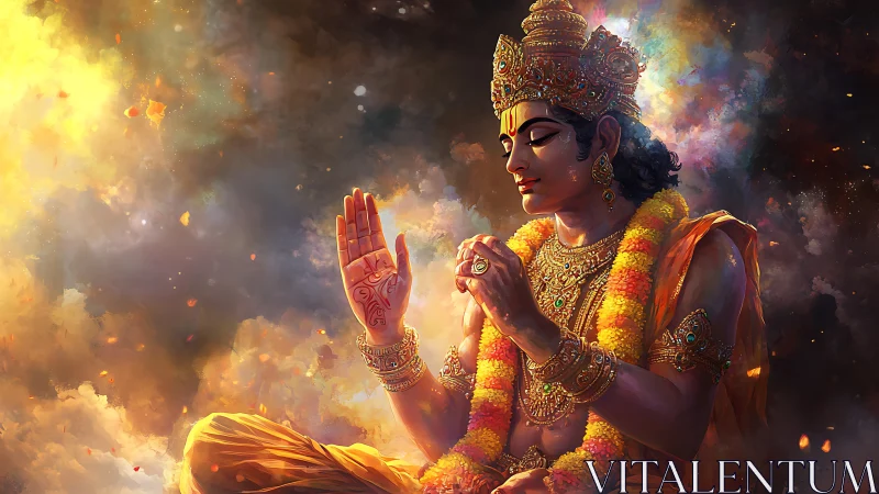 Divine figure radiates calm within swirling cosmic light.