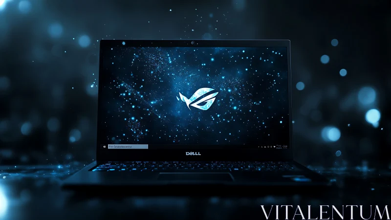 Dell laptop with abstract blue digital galaxy wallpaper display.