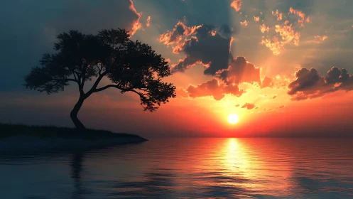Solitary shoreline tree quietly applauds a blazing sunset