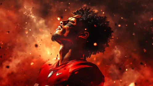 Fiery digital portrait of football player in dramatic glow.