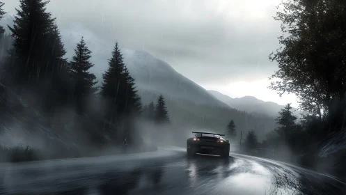 Sports car slices through wet alpine road under storm clouds.