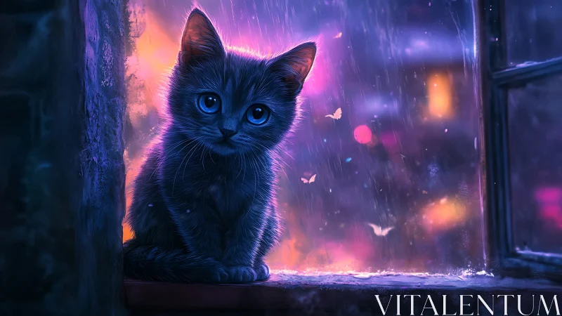 Luminescent Feline Sentinel in Neon Downpour.