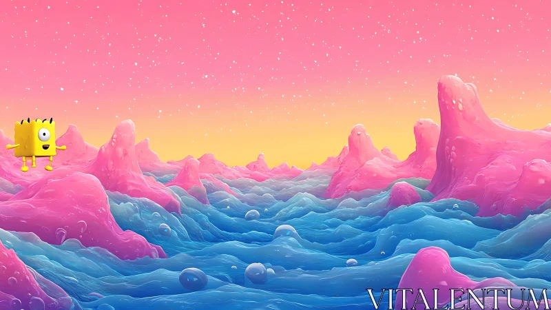 Chromatic gelatinous seascape with cubic character observer.