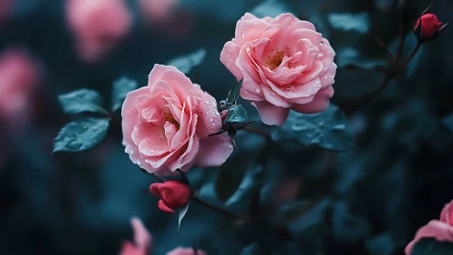Pink roses with rain droplets against moody teal backdrop.