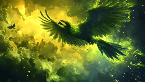 Vibrant Green Parrot in Flight, Abstract Digital Art Style.