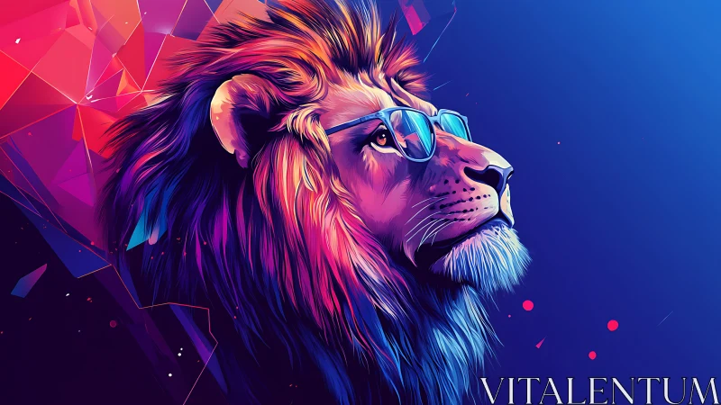 Neon gradient lion portrait with reflective sunglasses profile.