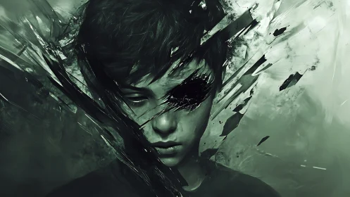 Fragmented portrait shows boy dissolving into abstract shards