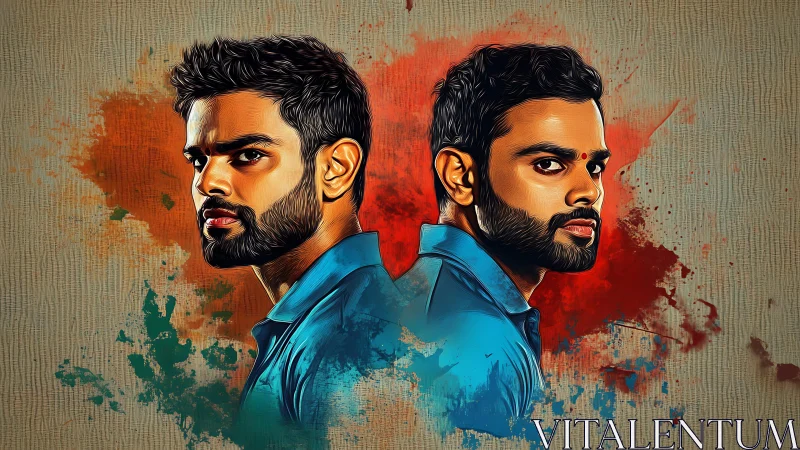 Dual male portrait in stylized blue shirts against splashes.