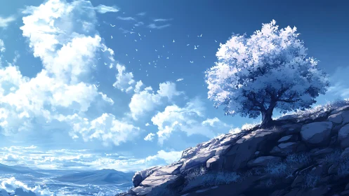 Lone skyblossom tree guarding a bright wind-chiseled cliff.