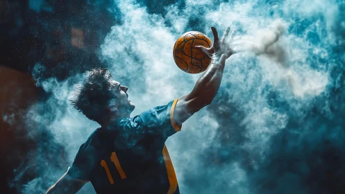 Dynamic handball player leaps through drifting arena smoke