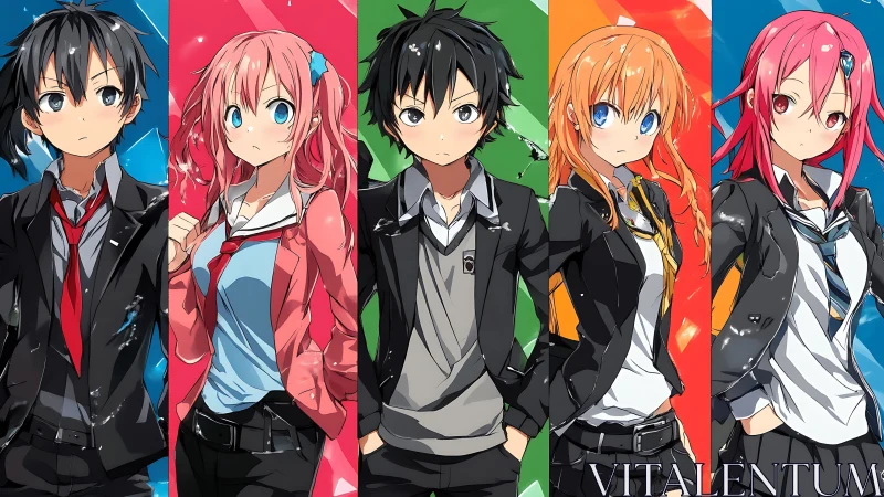 Lively anime students stand together in bold color panels