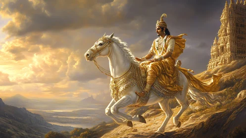 Regal warrior on white stallion in luminous epic landscape.
