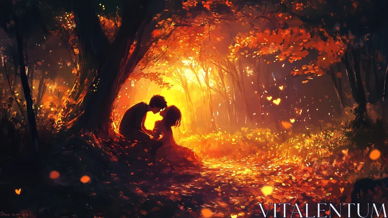 Embracing Couple Silhouetted Against Luminous Autumn Forest Path