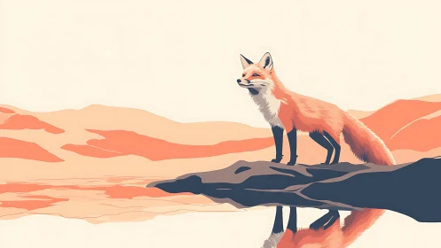 Red fox on rock ledge by water in stylized desert scene.