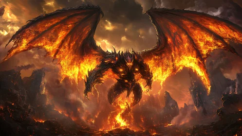 Molten-winged fire demon rises over a blazing volcanic realm