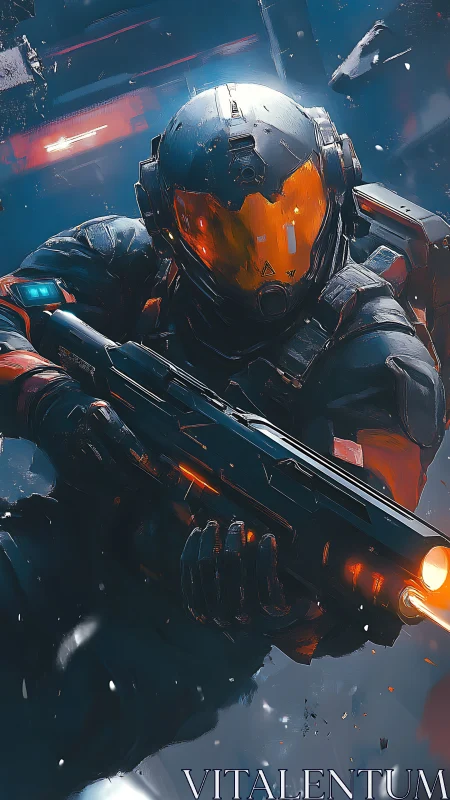 Tactical exosuit operator advancing with energized plasma rifle.