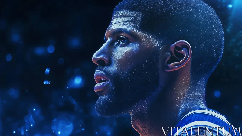 Focused basketball portrait glows in electric blue arena light