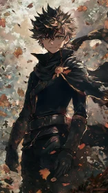 Dark-clad anime boy stands in swirling autumn leaves
