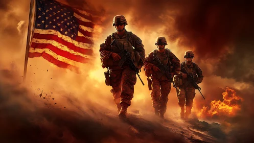 US soldiers advance through smoke with flag in background.