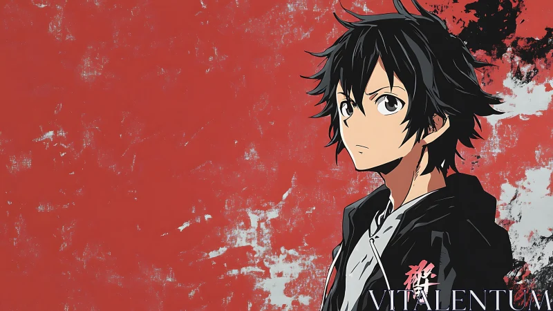 Angular anime portrait against distressed vermilion field.