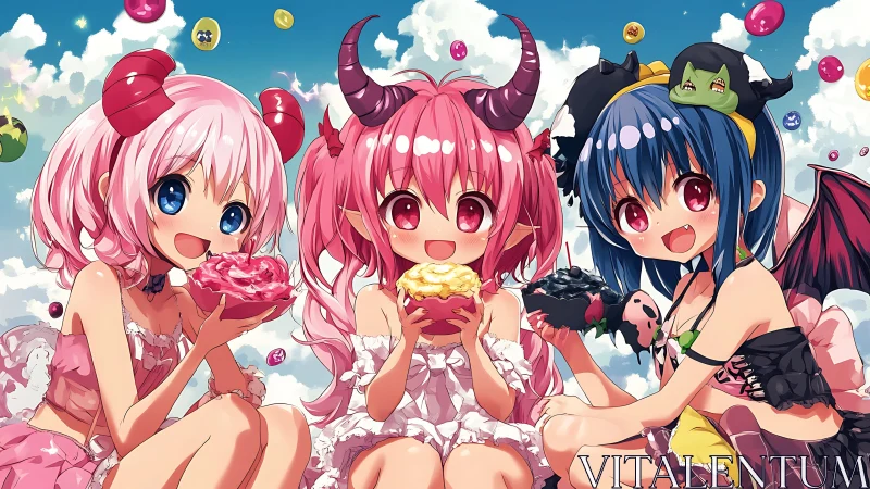 Cute demon girls sharing colorful desserts in the sky.