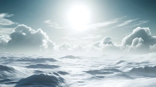 Sunlit overcast sky illuminates undulating snowy terrain