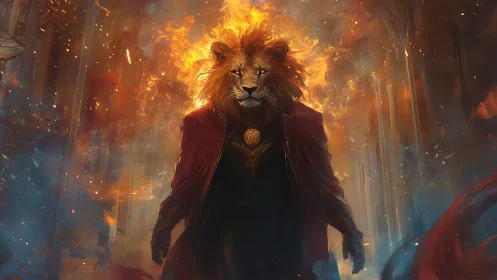 Anthropomorphic lion mage strides through volumetric fire field