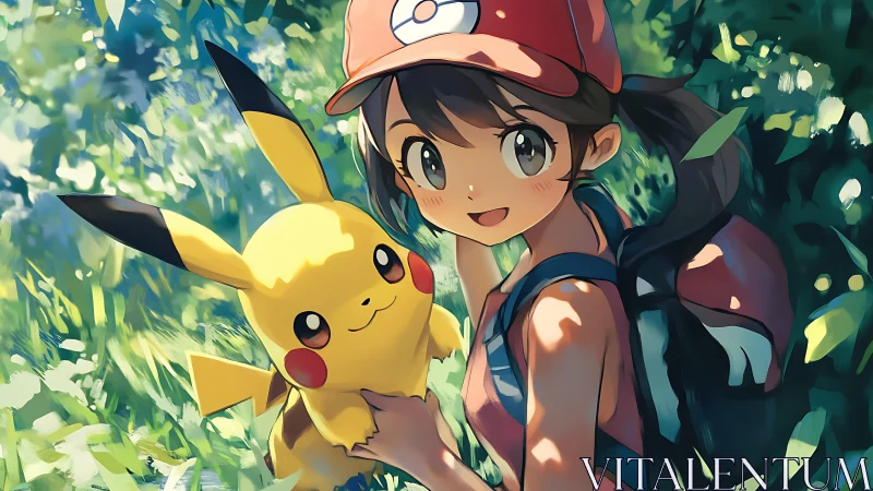 Sunlit forest stroll with a cheerful trainer and Pikachu.