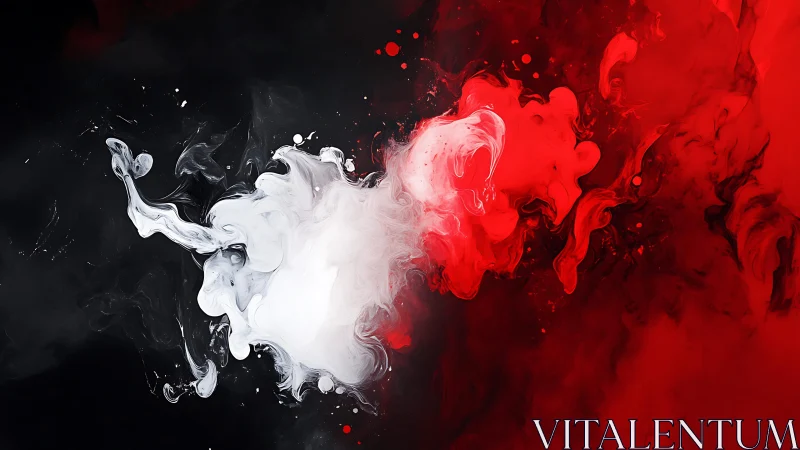 Abstract black, white, and red ink clouds in motion, digital art.
