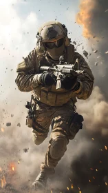 Modern soldier sprinting through swirling battlefield chaos.