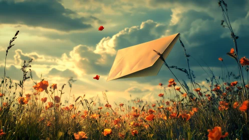 Envelope suspended over poppy field under clouded sky.