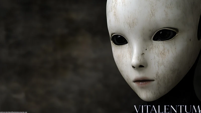 Alien-like porcelain mask portrait on dark background.