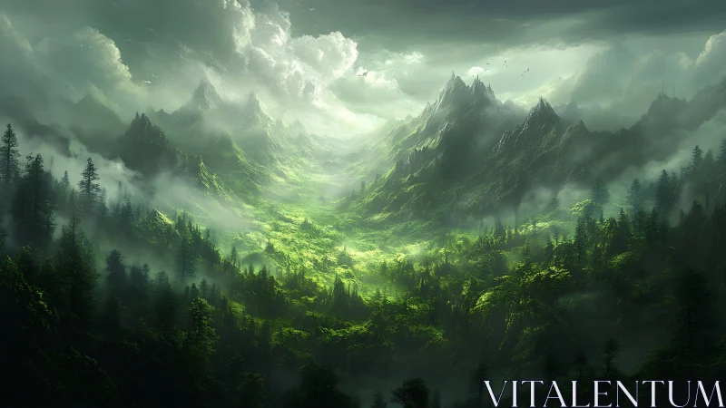 Misty Mountain Valley Between Green Peaks