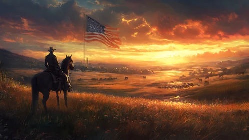 Rider on horseback observing prairie under large US flag.