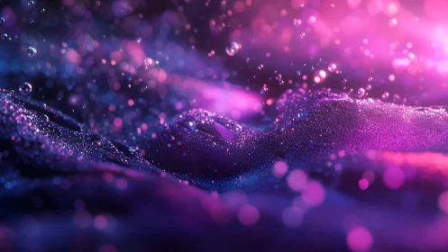 Abstract macro of water droplets on surface with neon pink and purple lighting.