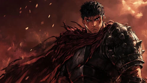 Battle-hardened warrior under burning storm sky.