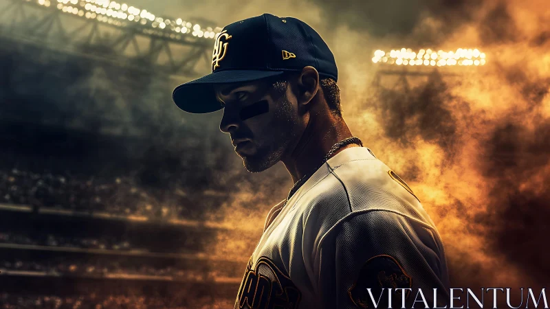 Cinematic photorealistic portrait of baseball player in stadium fog.