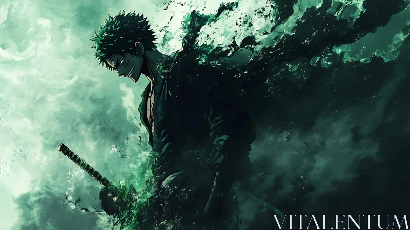 Green haired swordsman emerges from swirling dark energy