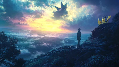 Boy and Pikachu watch glowing sky over vast valley.