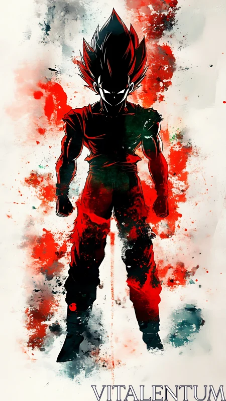 Ink-splattered warrior silhouette blazing in crimson storm.