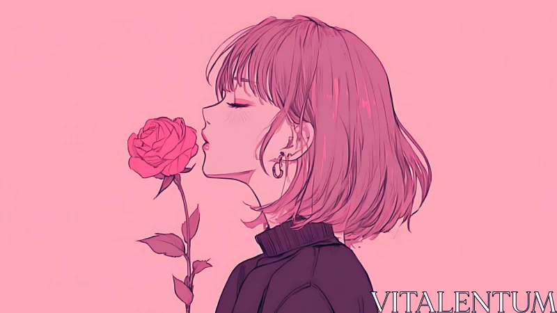 Soft blush girl inhaling rose-colored quiet.