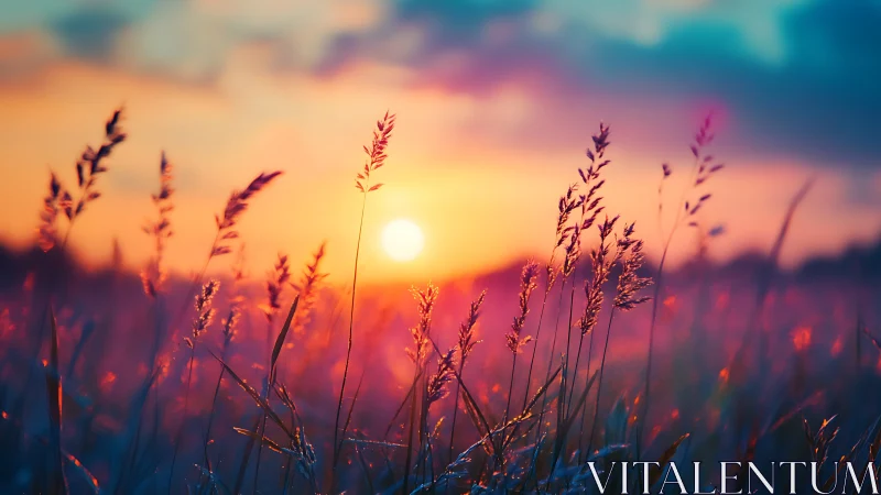 Sunset grassland glowing in neon-kissed twilight colorstorm.