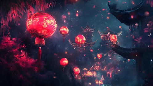 Lantern-lit pagoda city glows softly through misty midnight