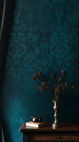 Dark teal damask wall with brass vase and side table.